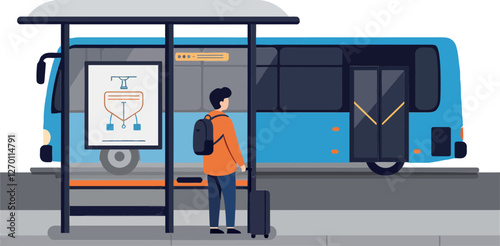 Person waiting at bus stop with modern bus in flat vector art