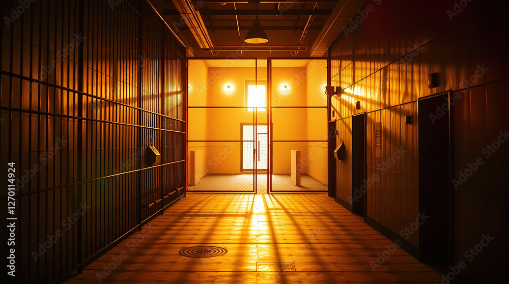 Emotions Captive - Dark Prison Corridor With Golden Light Streaming Through Metal Bars Creates Dramatic Institutional Atmosphere. Emotions Captive - Dark Prison Corridor With Golden Light Streaming Through Metal Bars Creates Dramatic Institutional Atmosphere.