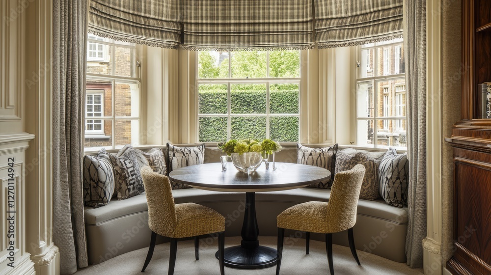 Fototapeta premium A round dining table in a bay window nook, surrounded by natural light and soft cushions