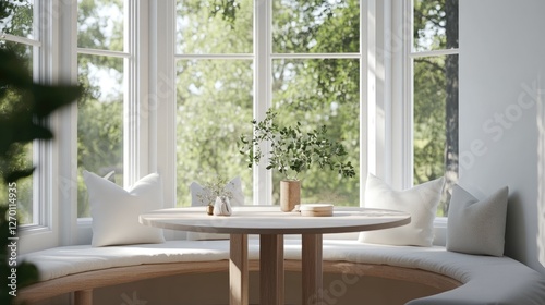A round dining table in a bay window nook, surrounded by natural light and soft cushions