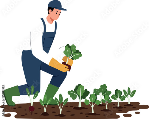 Gardener harvesting fresh vegetables in a flat, minimal vector art