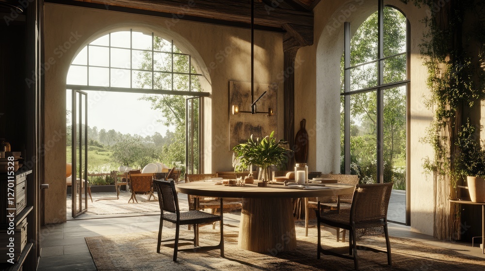 Obraz premium A rustic farmhouse dining room with a round wooden table, cozy decor, and warm natural lighting