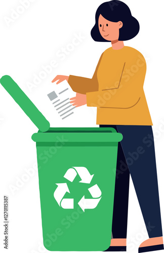 Person recycling paper into green bin with flat design vector art