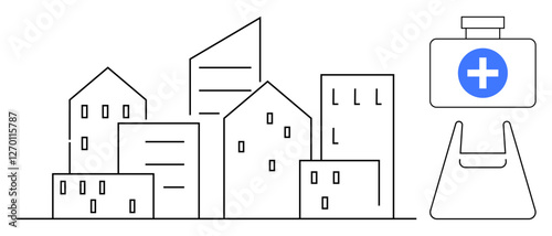 Simplified city skyline with various building shapes and healthcare locator featuring a blue cross inside a square on a stand. Ideal for urban planning, healthcare access, emergency response