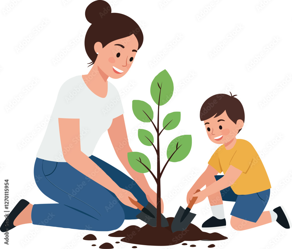 Mother and child planting a tree in flat vector art Mother and child planting a tree in flat vector art
