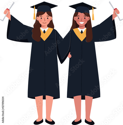 Two cheerful graduates celebrating success in minimal vector art