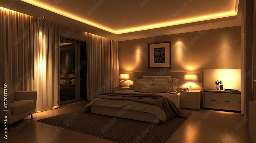 A tranquil bedroom with neutral color tones, warm lighting, and a well-balanced bed arrangement A tranquil bedroom with neutral color tones, warm lighting, and a well-balanced bed arrangement