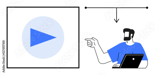 Man in blue shirt pointing towards play button on screen, indicating interactive or multimedia content. Ideal for online learning, presentations, tutorials, video content creation, media engagement