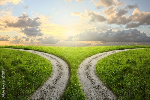 Paths Diverging: Two pathways split, symbolizing choices, decisions, and the crossroads of life, with vibrant green fields under a dramatic sky.