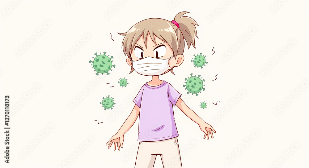 cartoon girl wearing a facemask to protect herself from viruses cartoon girl wearing a facemask to protect herself from viruses