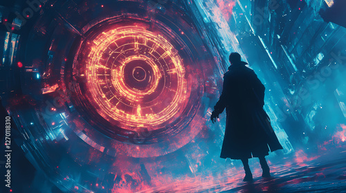 Chronomancer wielding temporal powers in stylized environment. Temporal Warlocks. Illustration