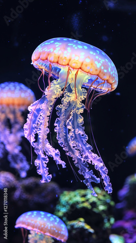 Glowing jellyfish with orange and blue hues swim in the dark ocean with coral reefs