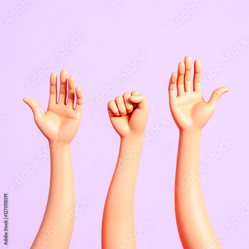 three cartoon hands displaying various gestures against a light purple backdrop