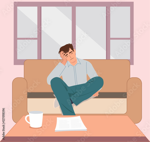 A Person Sitting on a Couch in a Living Room, Feeling Sad and Anxious with a Cup of Coffee and Papers on the Table in Front of a Large Window