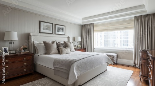 A well-organized master bedroom with a neatly arranged bed, soft drapes, and cozy decor elements