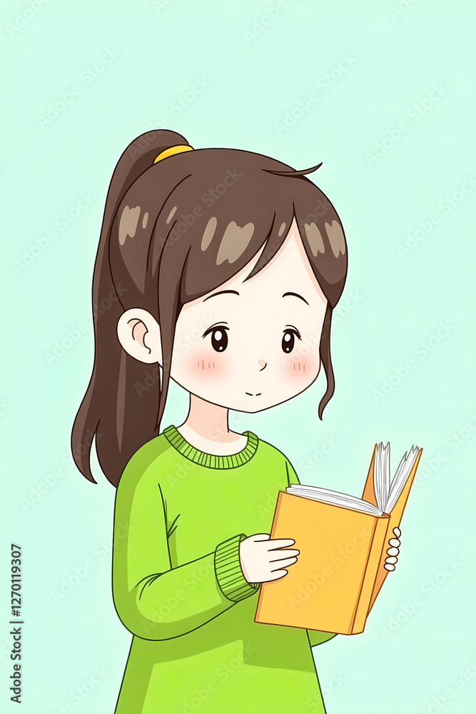 cheerful young girl in a lime green sweater is happily reading a yellow book cheerful young girl in a lime green sweater is happily reading a yellow book