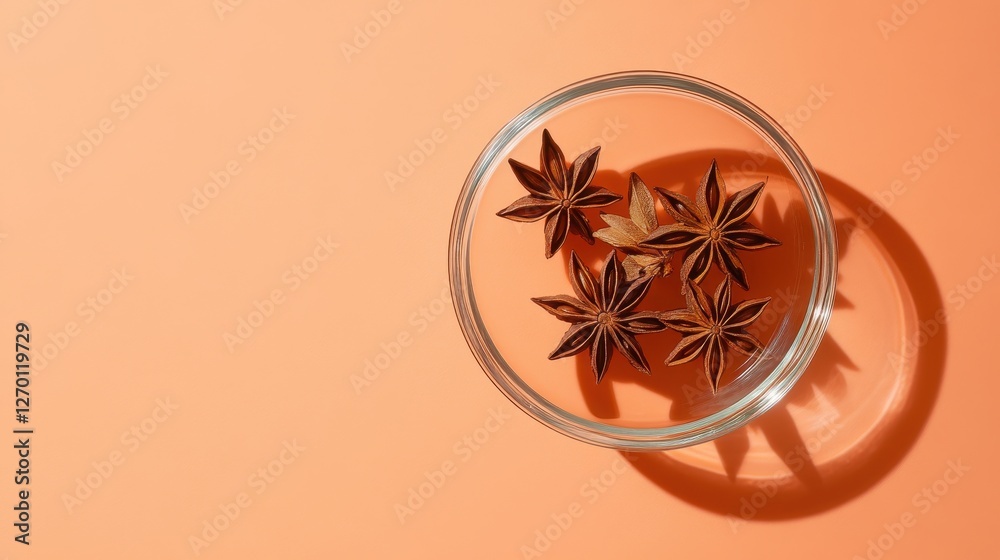 Star anise spice arranged in a glass bowl on a vibrant orange background Star anise spice arranged in a glass bowl on a vibrant orange background