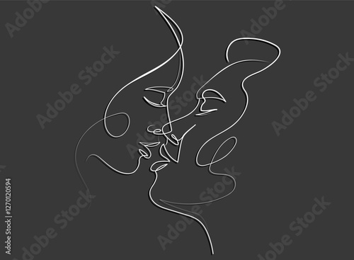 One line faces, couple man and woman. Valentine's day minimalistic vector illustration. Couple kissing line drawing. Love line art.