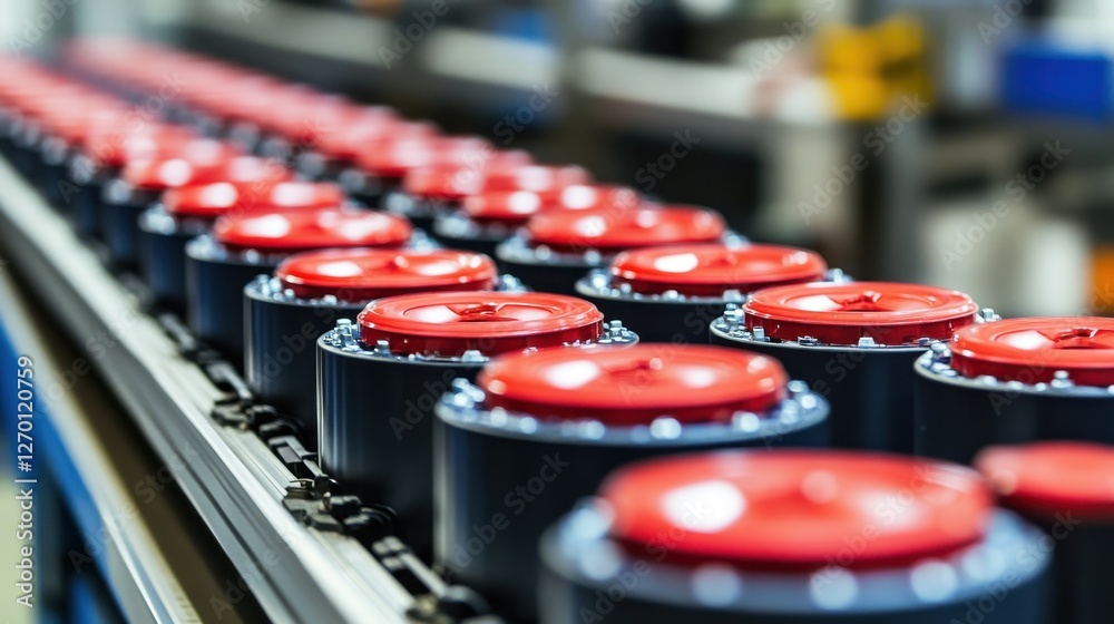Obraz premium Conveyor Belt of Red-Topped Cylinders in a Manufacturing Plant