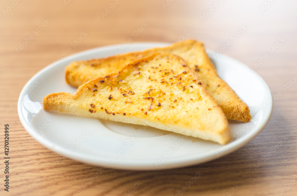 two grilled bread with butter on a white plate. two grilled bread with butter on a white plate.