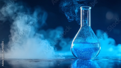 blue chemical reaction in laboratory flask with smoke photo