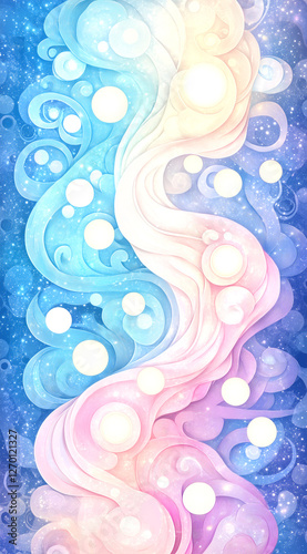 A blue and pink swirl with white circles. The blue and pink swirls are connected by a white line