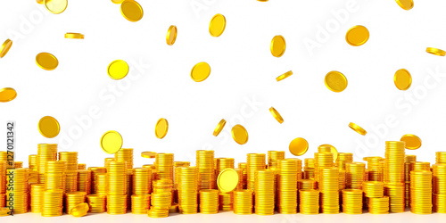 numerous golden coins arranged in stacks with additional coins onto the stacks