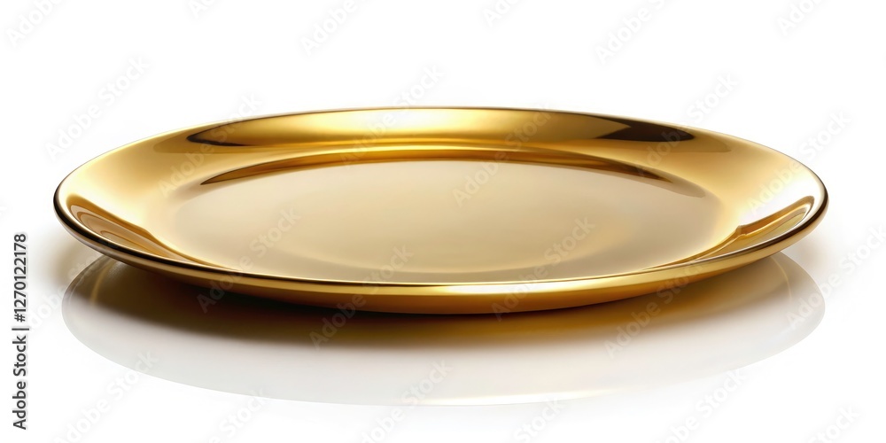 Shiny, polished gold plate; elegant food presentation; surreal still life, capturing luxury dining's reflective beauty.