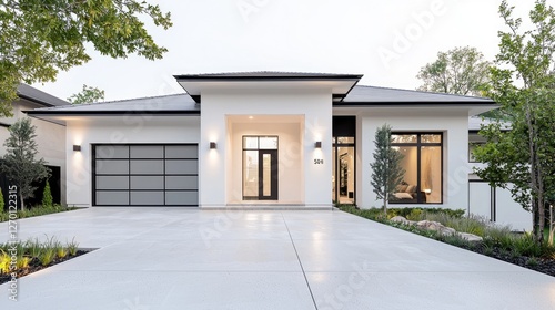 Modern white house  evening light  driveway  landscaping  real estate listing
