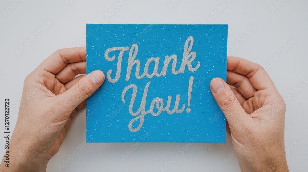 Fototapeta premium Two hands holding a blue thank you card gracefully