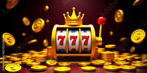 golden slot machine with 777 jackpot and crown photo
