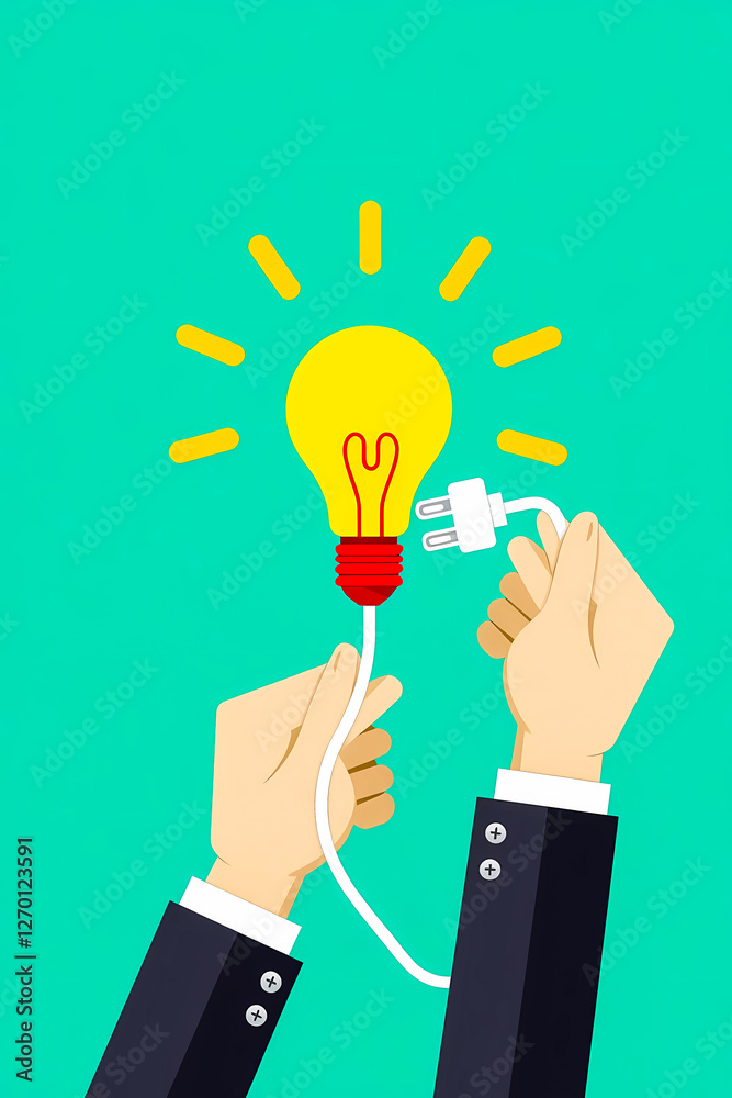 two hands in business attire plug in a bright yellow lightbulb symbolizing an innovative idea.