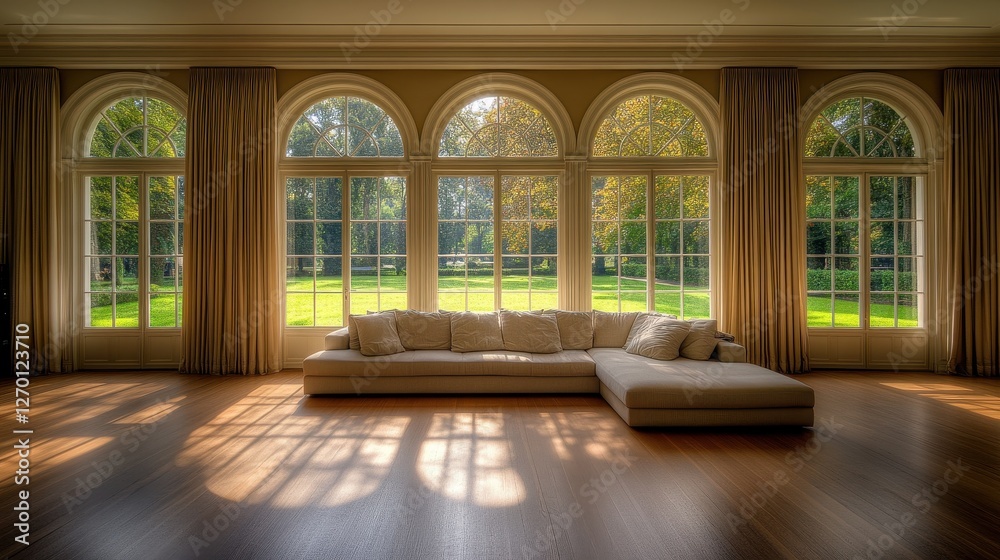 Elegant modern living room with large windows showcasing serene garden view and natural light Elegant modern living room with large windows showcasing serene garden view and natural light