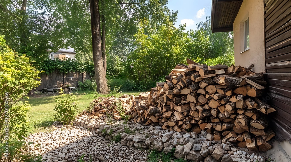 A large pile of firewood neatly stacked against a house in a backyard setting, surrounded by lush greenery and a stone border. A large pile of firewood neatly stacked against a house in a backyard setting, surrounded by lush greenery and a stone border.