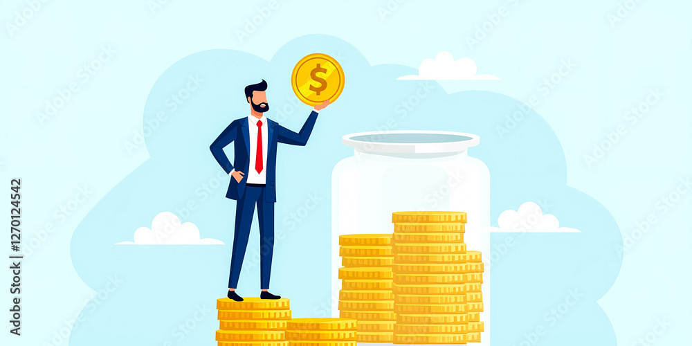 businessman adding a gold coin to a large glass jar filled with stacks of coins