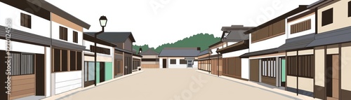 Tranquil Japanese street  shops  hills. Background illustration