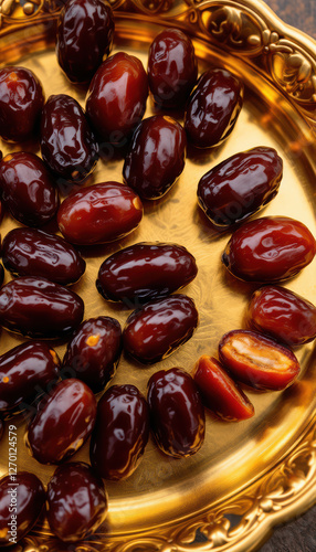 Wallpaper Mural Close-up of fresh dates on an elegant golden plate surface Torontodigital.ca