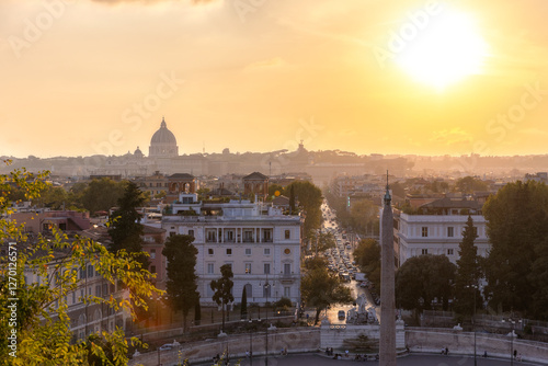 Panoramic view of Rome and the Piazza del Popolo at sunset from the Pincio Terrace (Terrazza del Pincio). Capitol city of Italy