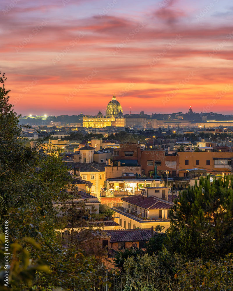 Fototapeta premium Vibrant colourful sunset over the St. Peter's Basilica (San Pietro) and Rome cityscape. Capitol city of Italy