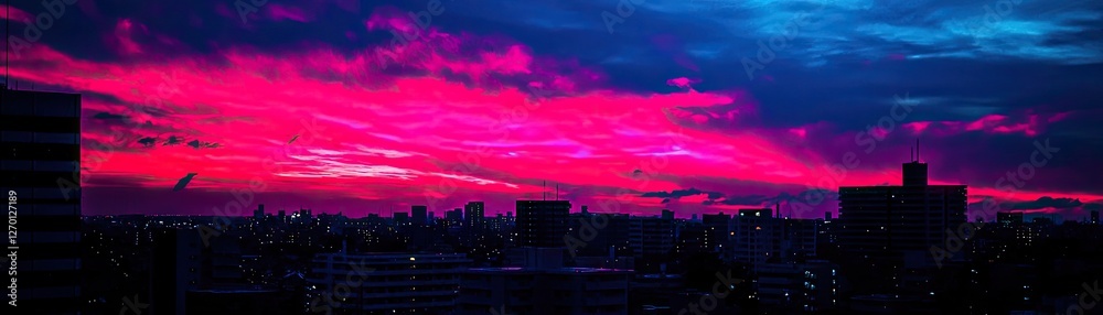Obraz premium Pink sunset cityscape; city skyline at dusk