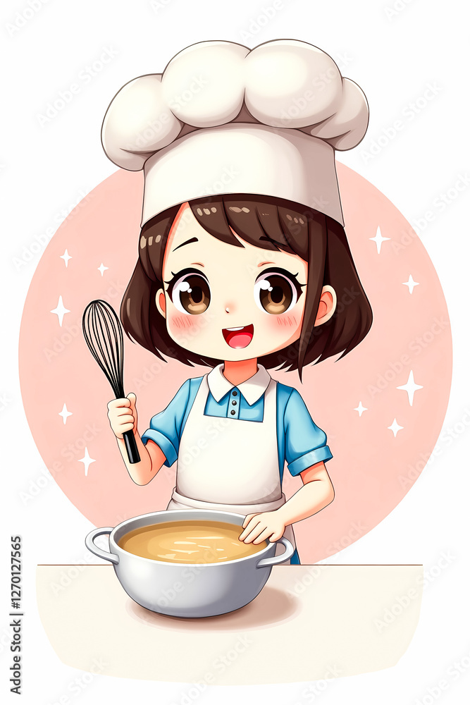 cheerful cartoon chef girl skillfully stirring a creamy mixture in a bowl cheerful cartoon chef girl skillfully stirring a creamy mixture in a bowl