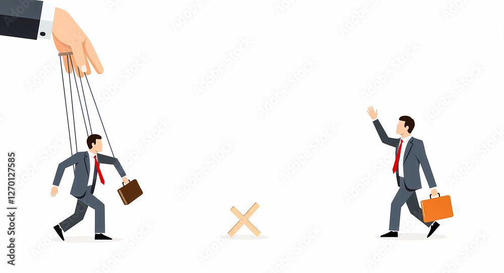 large hand controls a puppet businessman while another walks away large hand controls a puppet businessman while another walks away