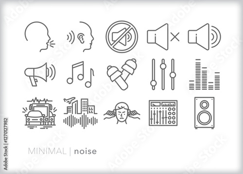 Set of noise icons representing speaking and hearing, noise levels, sound mixing, noise pollution, and audio settings