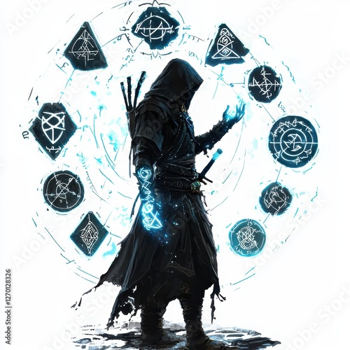 Ancient Mage Casting Glowing Runes With Floating Symbols