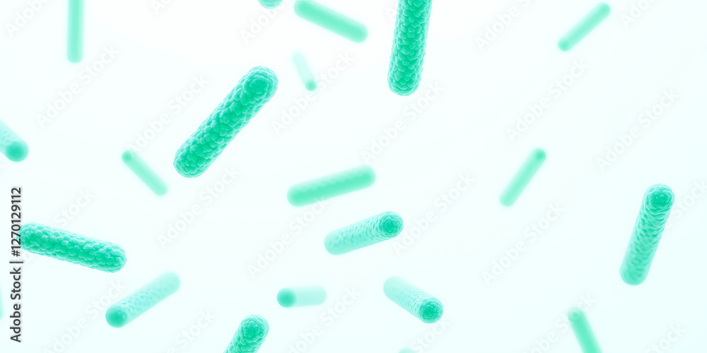 multiple light teal rod-shaped bacteria floating against a bright white background multiple light teal rod-shaped bacteria floating against a bright white background