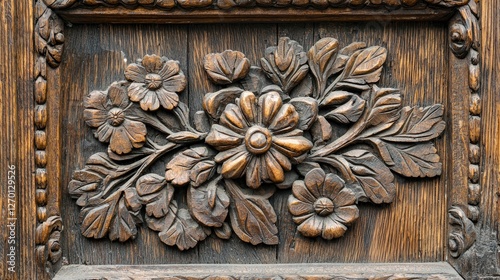 Intricate wooden floral carving on a vintage door panel showcasing craftsmanship and detail