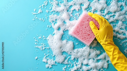 Yellow gloved hand cleaning with pink sponge and soap suds on blue surface photo