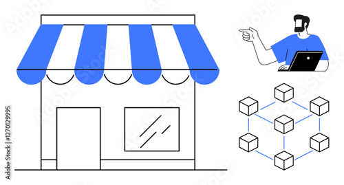 Small shop with striped awning, person using a laptop, network of connected cubes. Ideal for small business management, digital operations, online marketing, networking, e-commerce, remote work