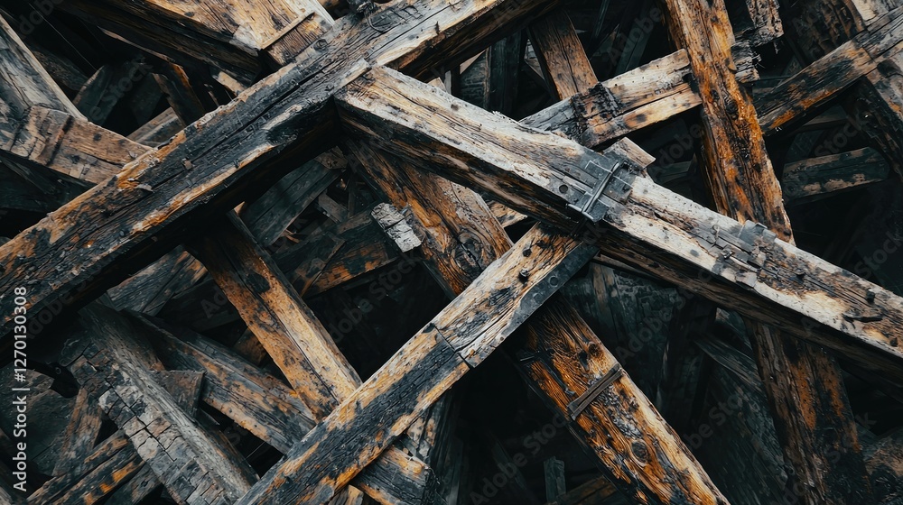 Intricate arrangement of aged wooden beams creating a textured backdrop with shadows Intricate arrangement of aged wooden beams creating a textured backdrop with shadows