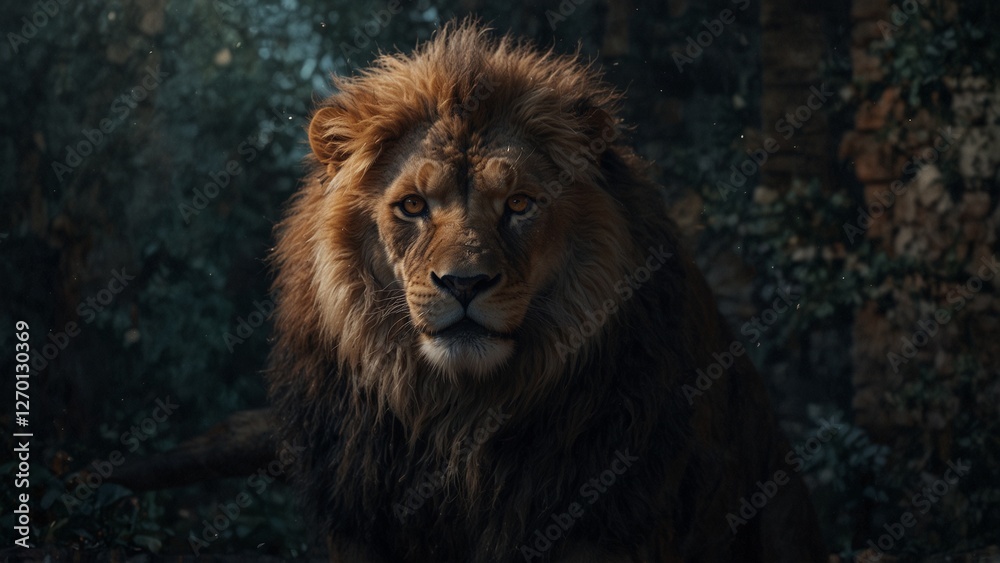 Fototapeta premium Majestic lion posing serenely in a lush environment with a focused expression